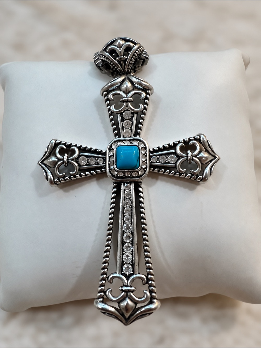 Western Cowgirl Turquoise Blue Stone & Rhinestone Silver Cross Pendant Necklace